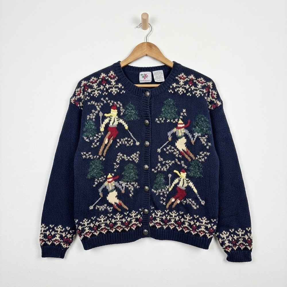 NutCracker Vintage Ski Scene Cardigan Sweater Navy Blue Ramie Cotton Large 80a